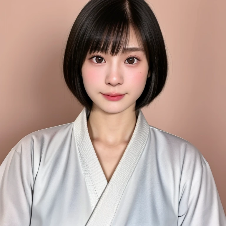 (kawaii 24 year-old Japanese girl, Nogizaka idol, Korean idol, judo player), healthy female athlete body, (glossy black hair, short hair, pixie cut, bangs:1.3), (rounded face, beautiful black eyes, single eyelid, no makeup, serious expression:1.2), (wearing white judo wrestling uniform:1.3), extra small breasts, BREAK, (plain white background:1.2), (facing straight at camera, id photo, yearbook photo, bust shot:1.2),  BREAK, (masterpiece, best quality, photo realistic, official art:1.4), (UHD, 8K quality wallpaper, high resolution, raw photo, golden ratio:1.3), (shiny skin), professional lighting, physically based rendering, award winning, (highly detailed skin, extremely detailed face and eyes), Carl Zeiss 85 mm F/1.4, depth of field, 1girl, solo,