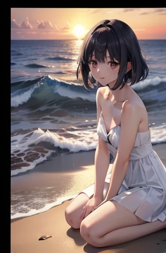 Hotaru Tomoe wearing a sleeveless summer dress (bare arms and bare shoulders) while kneeling at a beach in the late afternoon,Beautiful and delicate face,staring at the viewer, the sun is setting over the sea,the sea is awash in beautiful colors, Strong light and dark,Tyndall effect,Tyndall lighting enhancement,Tyndall effect strengthens,light rendering,ray tracing,light reflections,8k,Super fine,Extreme details,dynamic perspective, 2.5D, in the tide, the water is lapping at her legs