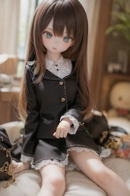 kukolnydom, doll, 1girl, sitting on bed, pajamas, bedroom