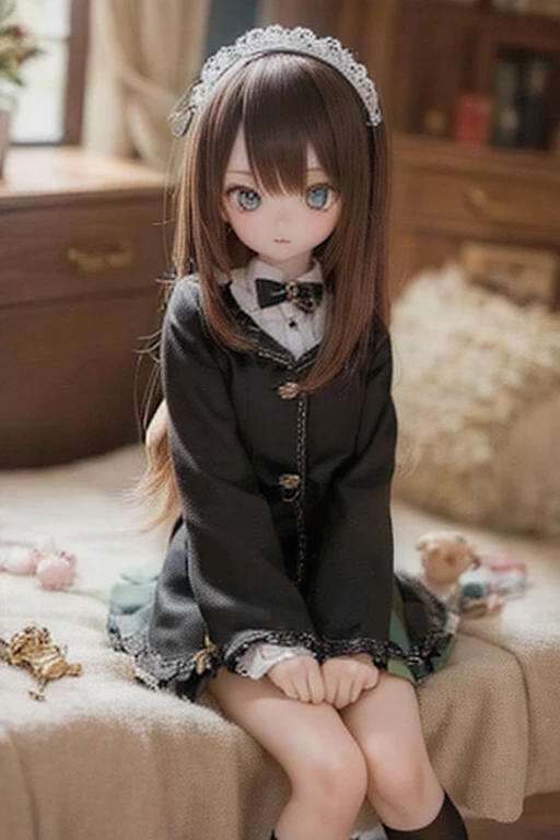 kukolnydom, doll, 1girl, sitting on bed, pajamas, bedroom