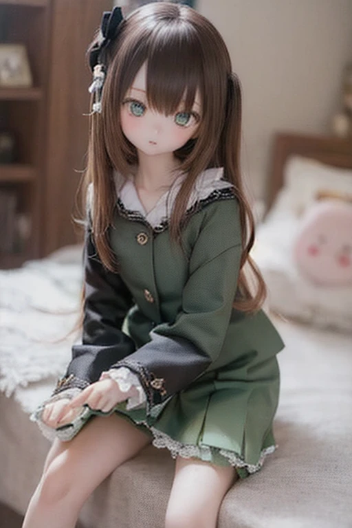 kukolnydom, doll, 1girl, sitting on bed, pajamas, bedroom
