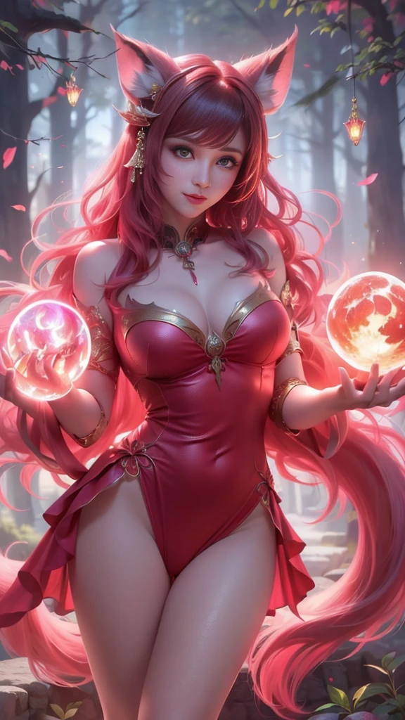 Super beautiful shining eyes、Face lighting,Bright backlight, huge breasts,超A high resolution,Best Quality,Photos,4K,(Realistic:1.2),
1 Indian girl,Cute,Cosplay,ahri (League of Legends),Looking at Viewer,(huge breasts:1.1), deep cleavage, Nine Tails,long ears,Green eyes,(Long wavy hair:1.2),White and gold headdress,Red and gold cheongsam,(Thigh height stockings:1.3),Red high heels,Red and gold bracelet,In the moonlit forest,, ,(Fondo de ruinas de mazmorra en ruinas:1.4 ), unreal engine:1.4,UHD,The best quality:1.4, photorealistic:1.4, skin texture:1.4, Masterpiece:1.8,( pose vaquero :1.4), (face detailed :1.4), (iluminación cinematográfica :1.4)