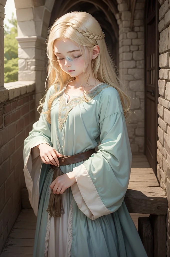 medieval fantasy, delicate and slight young diviner, short, ************, boyish charm, youthful appearance, ethereal grace, pale skin, large expressive green eyes, look of vulnerability and curiosity, sandy blonde hair, hair over eye, shy, nervous, timid, simple yet elegant wizard robes of muted colors, favoring soft blues and greens