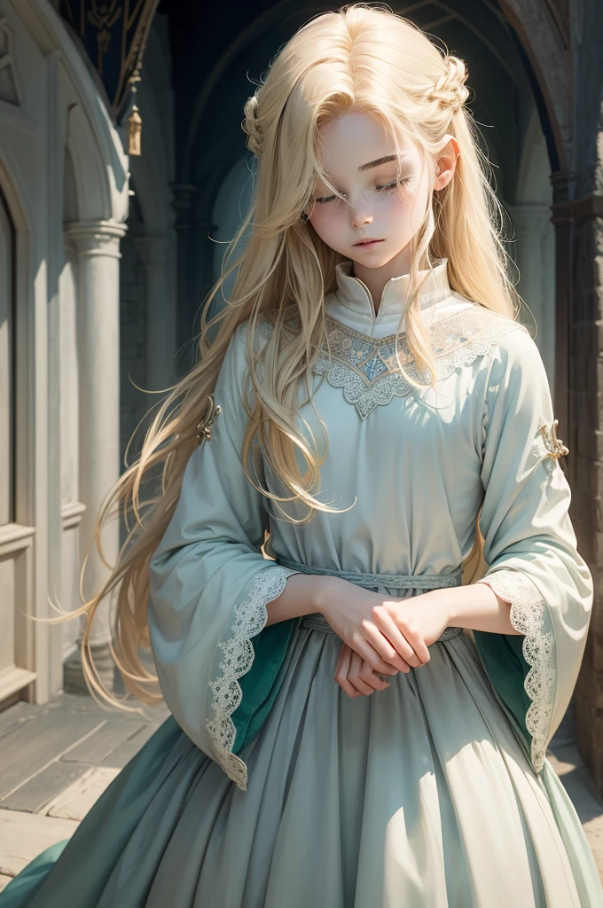 medieval fantasy, delicate and slight young diviner, short, ************, boyish charm, youthful appearance, ethereal grace, pale skin, large expressive green eyes, look of vulnerability and curiosity, sandy blonde hair, hair over eye, shy, nervous, timid, simple yet elegant wizard robes of muted colors, favoring soft blues and greens