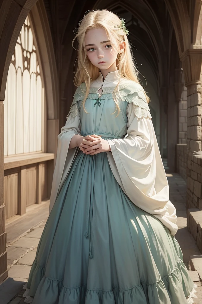 medieval fantasy, delicate and slight young diviner, short, ************, boyish charm, youthful appearance, ethereal grace, pale skin, large expressive green eyes, look of vulnerability and curiosity, sandy blonde hair, hair over eye, shy, nervous, timid, simple yet elegant wizard robes of muted colors, favoring soft blues and greens