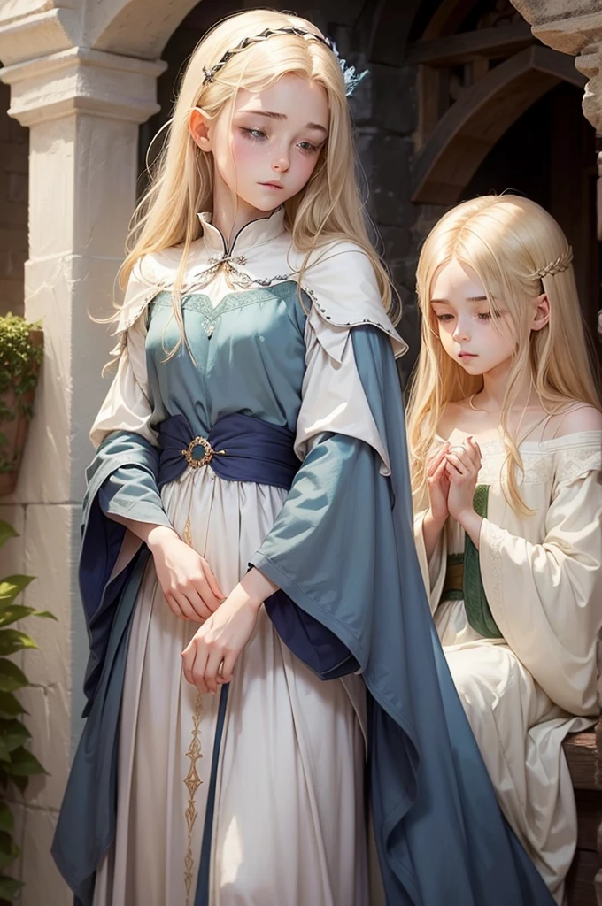 medieval fantasy, delicate and slight young diviner, short, ************, boyish charm, youthful appearance, ethereal grace, pale skin, large expressive green eyes, look of vulnerability and curiosity, sandy blonde hair, hair over eye, shy, nervous, timid, simple yet elegant wizard robes of muted colors, favoring soft blues and greens