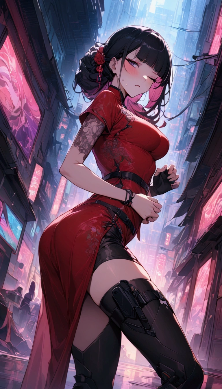 ,dutch angle,from side,{{masterpiece}}, {{{Highest quality}}},{{Very detailed}},{{Fight}},{{fighting stance:1.6}},{{critical situation:1.6}},{{hold down one's stomach with one's hands:1.6}},1girl,30years old,{Mature Woman}},cyberpunk,{{RED Chinese clothing:1.2}},Red short sleeves Chinese dress,pelvic curtain,black stockings,belt,black fingerless gloves,Lace arm covers,holster,{{Grit your teeth:1.4}},one eye closed, ,{{v-shaped eyebrows}},Bad mood,blush,Sweat,raise one's eyebrows ,{{View your viewers}}、straight long hair ,blunt bangs.abdominal pain ,{{pain}},Inside the dojo,indoor