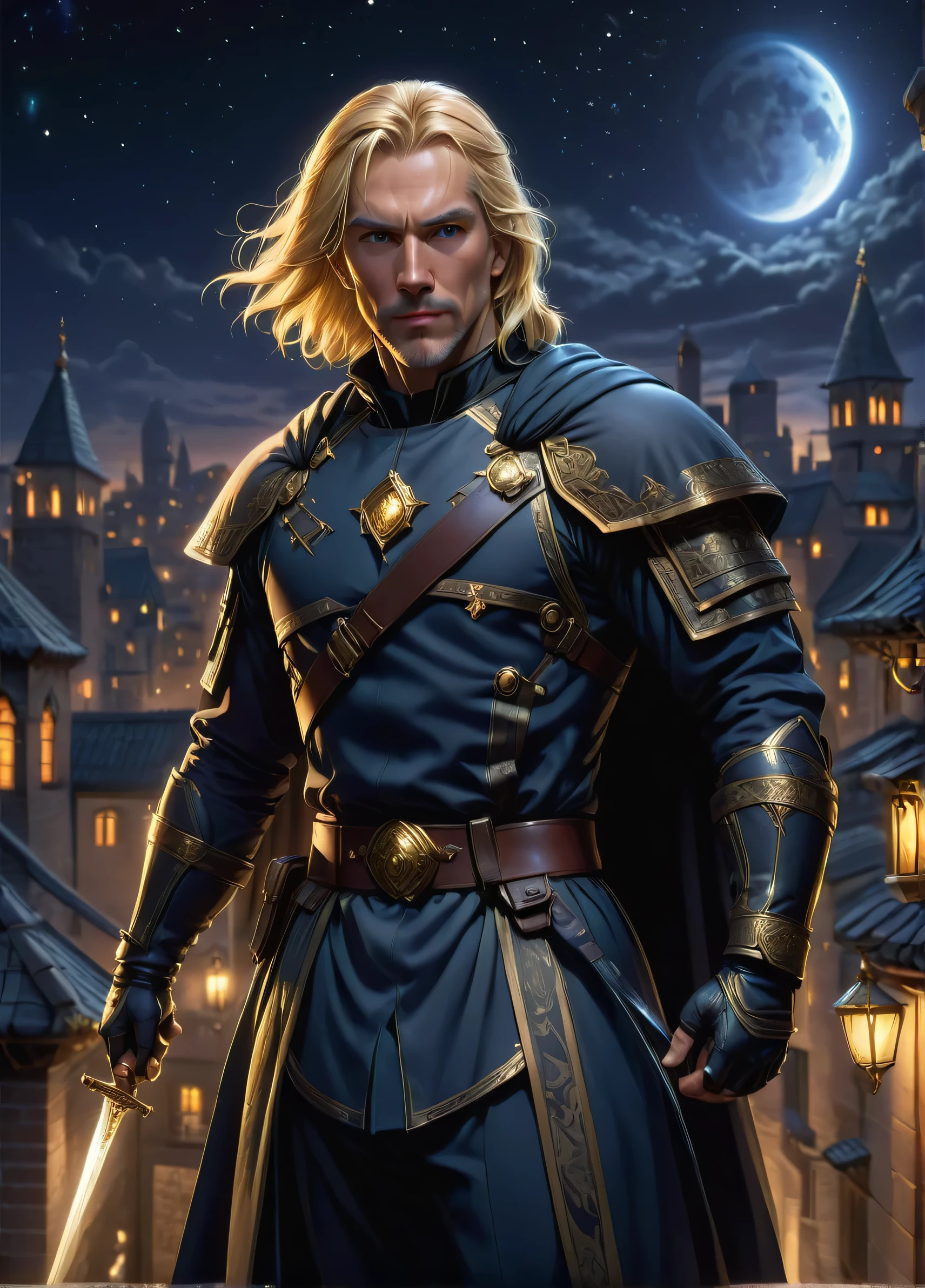 burglar , mature slim male, hair blonde, skinny, camouflage symbols and patterns, furtive, facial mask, night rooftops with starry sky , holding a dagger, Accurate shot, ((looking ahead at viewer:1.2), (from sideways:0.8)), Full Armor, Athletic, Volumetric lighting Dynamic lighting, real shadows, vibrant contrasting colors, Stephen Hickman and Stan Manoukian style, ultra realistic, work of art, high qualiy, high resolution, sharp focus, intrikate, sharp details, highy detailed, rich colour, 8k,