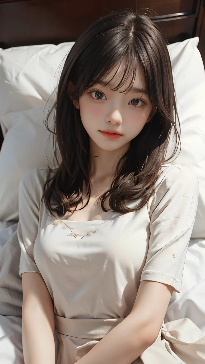 Best quality,Realistic,Masterpiece,detailed,high-resolution,Girl,feminine,flat chest,in my bed,happy