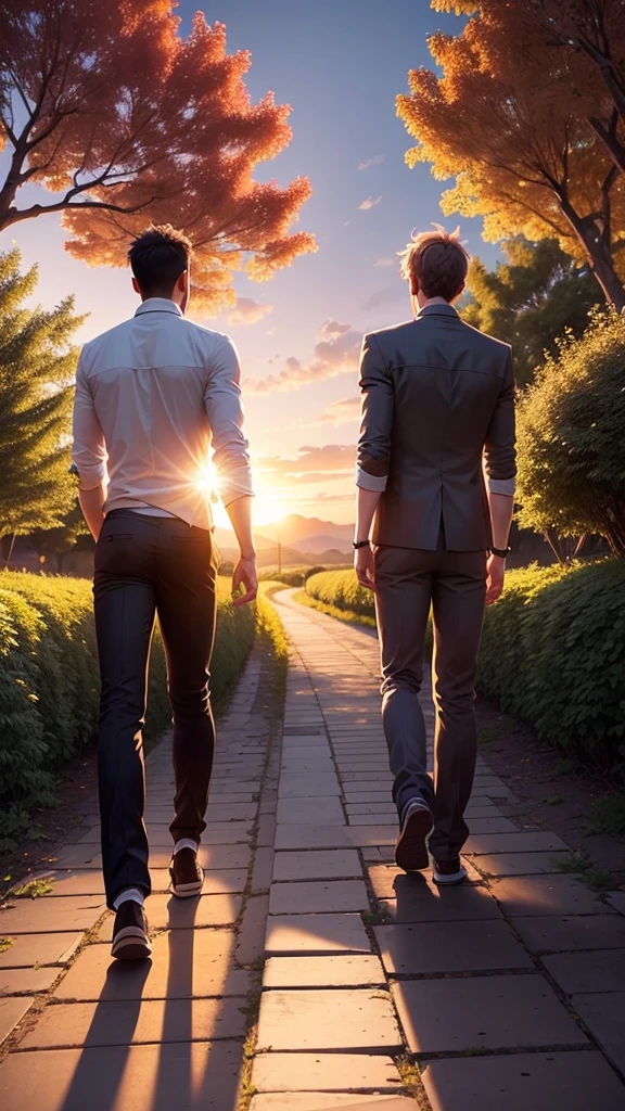 Create a pic of two male friends walking at sunset time, it should be covered with trees and flower bushes both the sides, the view should be from back side and it should peaceful place
