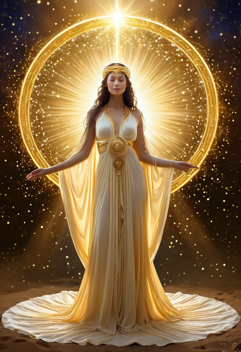 In a luminous digital paradise, a celestial being bathed in golden light gazes serenely at the viewer. This ethereal entity appears to be a goddess, with flowing robes and a halo of shimmering stars. The image is a digitally manipulated photograph, showcasing intricate detail and rich color saturation. The divine figure exudes a sense of peace and power, inviting viewers to bask in the beauty of this otherworldly realm.