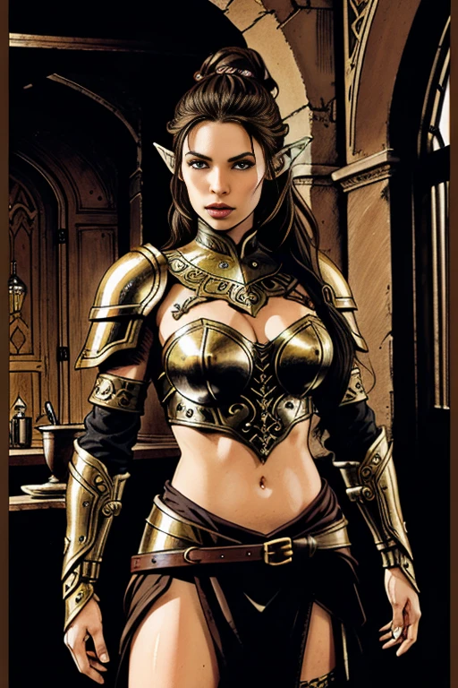 a high fantasy portrait of a female elf warrior, detailed elven ears, long dark brown hair styled in a ponytail, wearing an ornate medieval plate armor, standing with a confident and heroic pose, facing the viewer, intricate metal armor, detailed muscular and voluptuous body, bright brown eyes, dark fantasy atmosphere, dramatic lighting, cinematic composition, digital art, hyper realistic, 8k, photorealistic