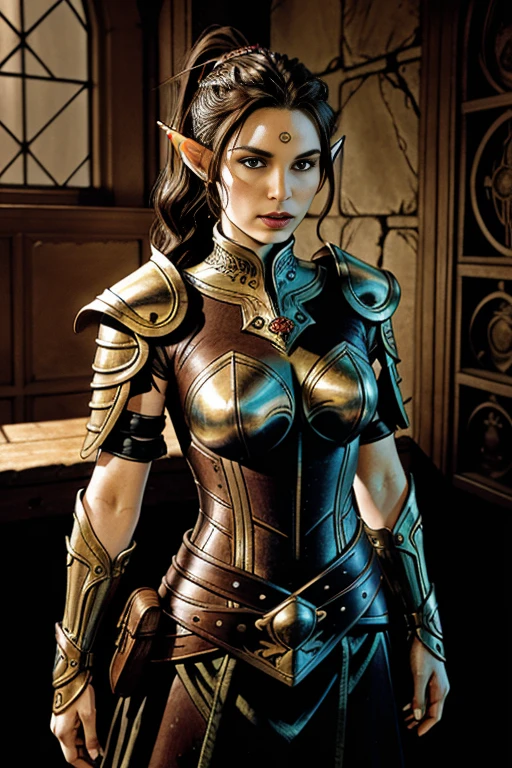 a high fantasy portrait of a female elf warrior, detailed elven ears, long dark brown hair styled in a ponytail, wearing an ornate medieval plate armor, standing with a confident and heroic pose, facing the viewer, intricate metal armor, detailed muscular and voluptuous body, bright brown eyes, dark fantasy atmosphere, dramatic lighting, cinematic composition, digital art, hyper realistic, 8k, photorealistic