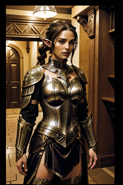 a high fantasy portrait of a female elf warrior, detailed elven ears, long dark brown hair styled in a ponytail, wearing an ornate medieval plate armor, standing with a confident and heroic pose, facing the viewer, intricate metal armor, detailed muscular and voluptuous body, bright brown eyes, dark fantasy atmosphere, dramatic lighting, cinematic composition, digital art, hyper realistic, 8k, photorealistic