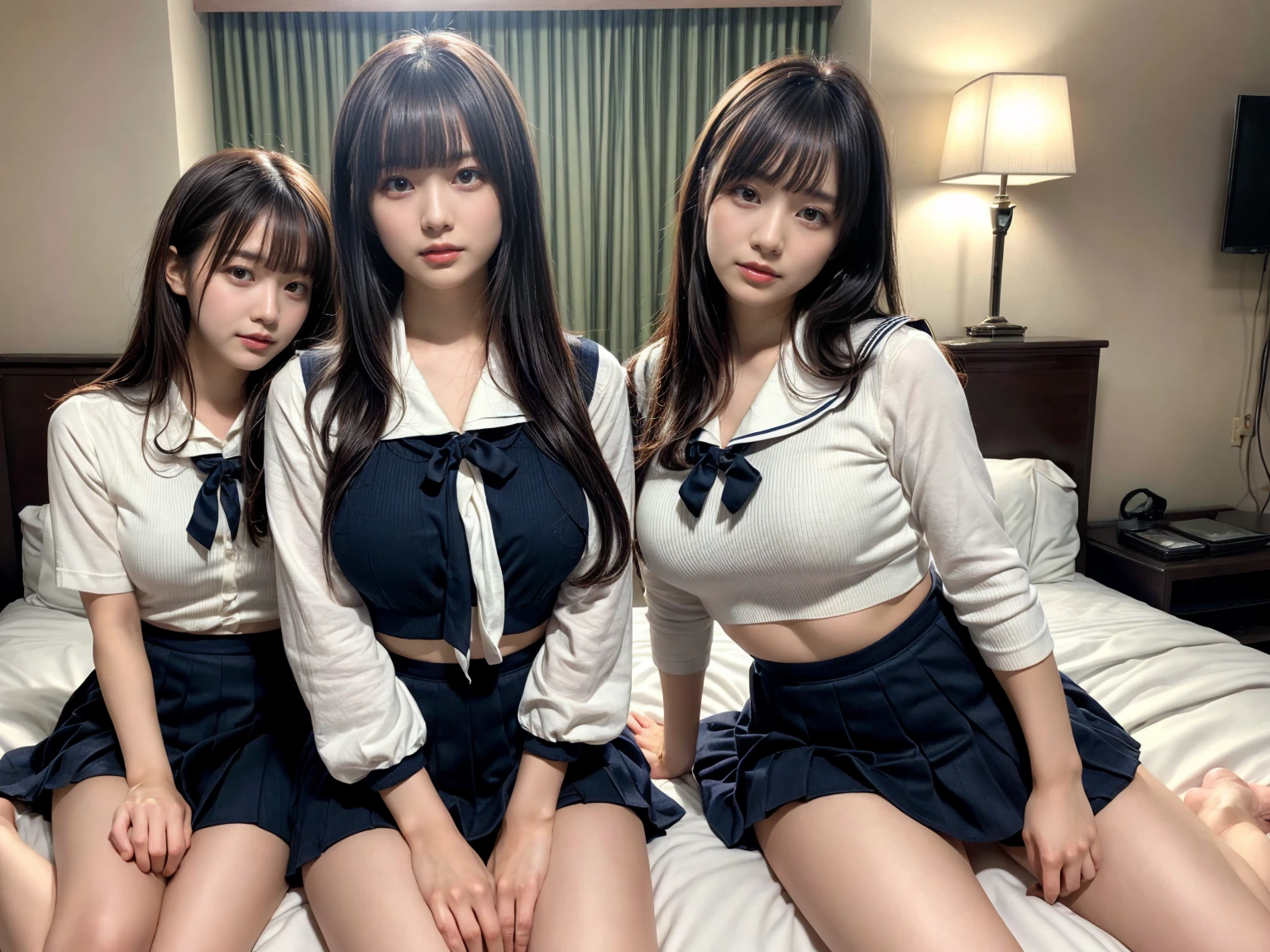 masterpiece, best quality, illustration, Super detailed, fine details, High resolution, 8K,wall paper, perfect dynamic composition,(Details High quality, realistic depiction of eyes:1.3), (3 girls), Black Sailor Uniform, serafuku, Navy pleated skirt, sitting, open legs, short bob hair, in a hotel room in the background, deep on field, large breasts, black hair color, Big Natural Color Lip, (perfect body shape), crying a little、Harajuku style、20 year old girl、cute type、beautiful legs, Gravure Idol