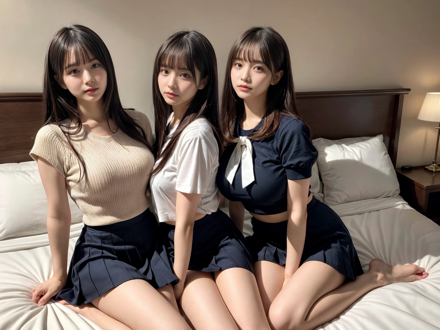 masterpiece, best quality, illustration, Super detailed, fine details, High resolution, 8K,wall paper, perfect dynamic composition,(Details High quality, realistic depiction of eyes:1.3), (3 girls), Black Sailor Uniform, serafuku, Navy pleated skirt, sitting, open legs, short bob hair, in a hotel room in the background, deep on field, large breasts, black hair color, Big Natural Color Lip, (perfect body shape), crying a little、Harajuku style、20 year old girl、cute type、beautiful legs, Gravure Idol