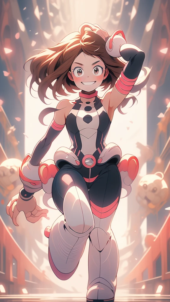((Masterpiece artwork, best qualityer)), uraraka ochako, beautfull woman, detailed outfit, high qualiy, showing armpits and pussy,detailed hands, beautiful face, skin fair, female body, Proportionate Body, Body cute, showing tonge, full body, colorful background, smiling showing tonge.