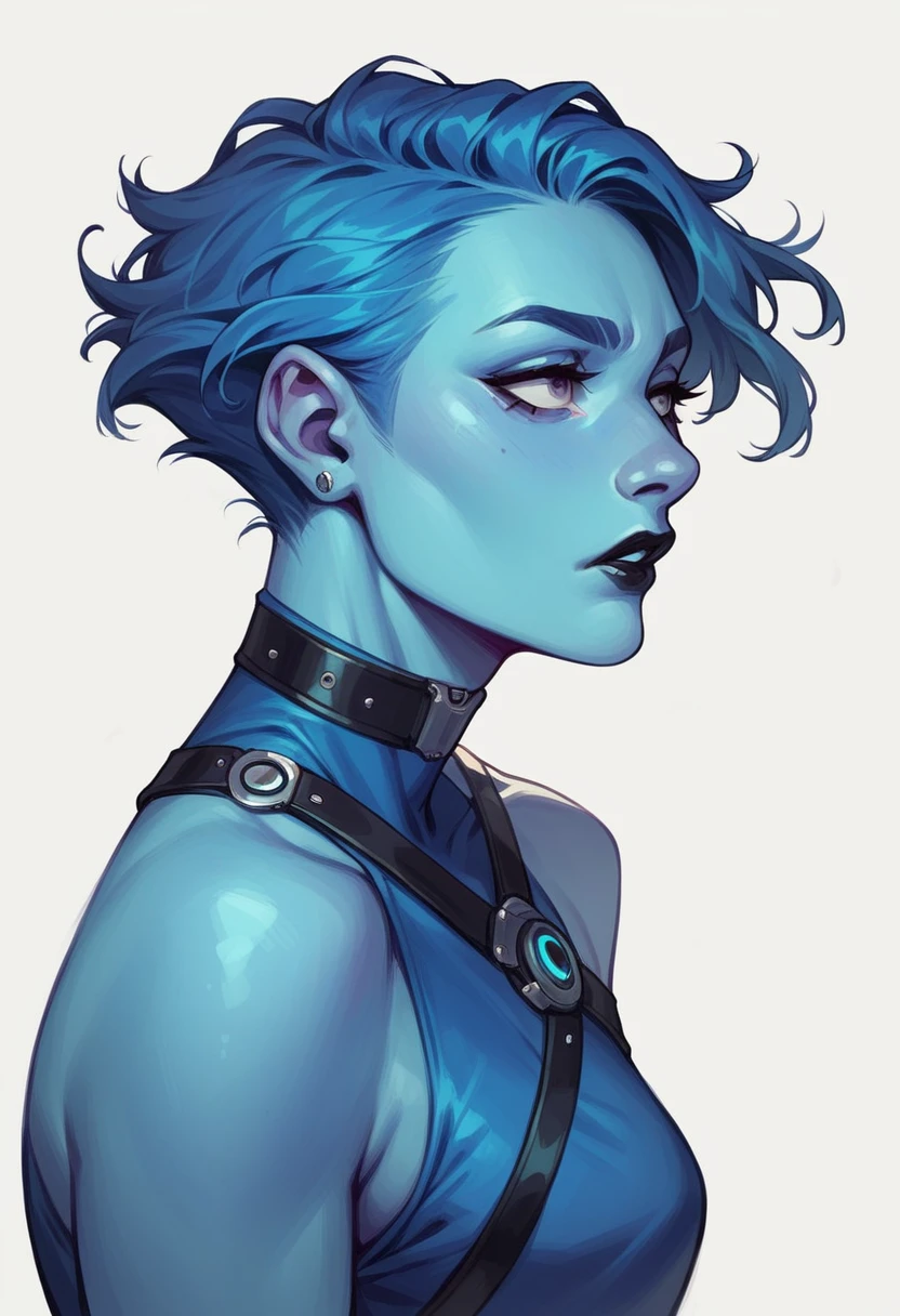 beautyfull woman, blue fringe hair, blue dress, robotic, blue skin, white background, looking to camera, black lipstick, black belt