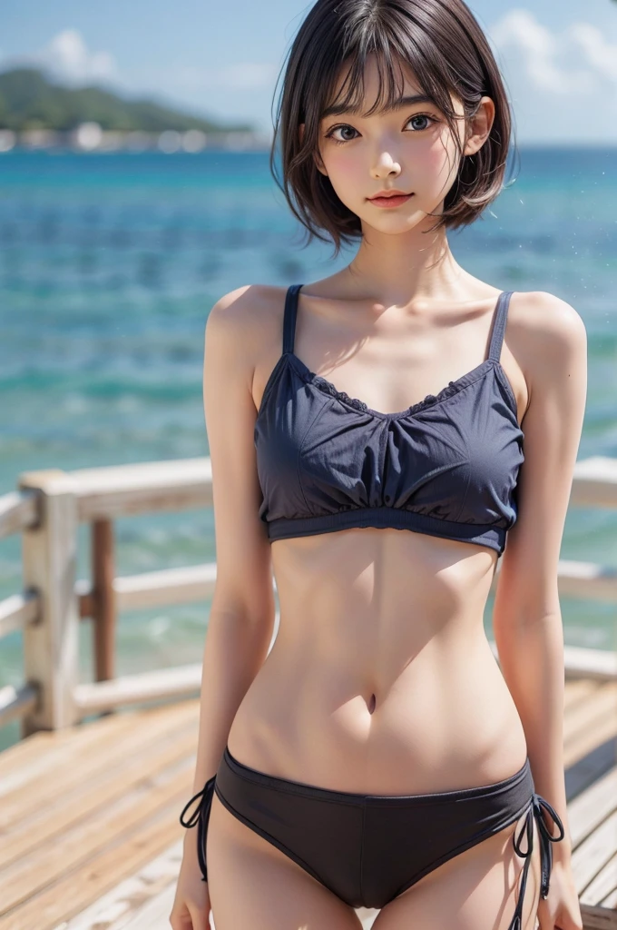 (Masterpiece, BestQuality:1.2), (hyperrealistic), (8k,Photorealistic), (realistic),girl standing beach,okinawa,BREAK (wearing flower pattern bikini,),whole body,BREAK (yo,detailed face,(darkblue wavy-short hair),middle thick eyebrows,eyes with large brown irises,middle small breasts,small nose, fresh lips),beautiful lighting, volumetric lighting, dynamic angle, looking at viewer, (photographic portrait), sharp,smile,