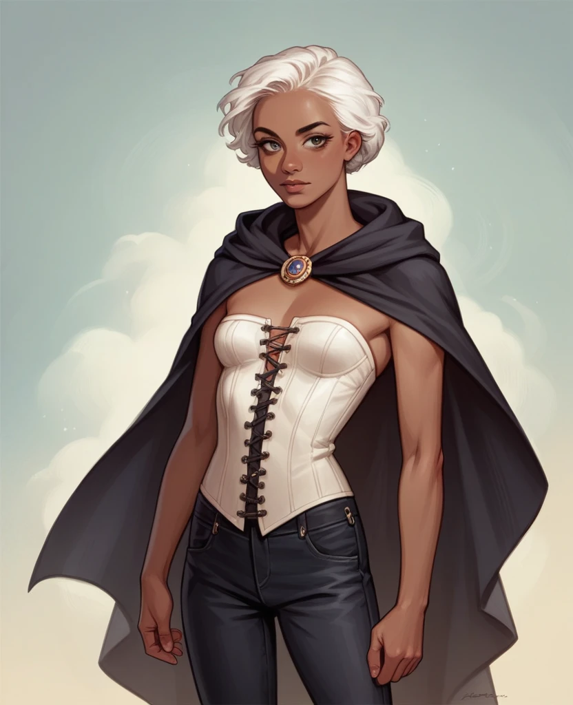 ((best quality)), ((masterpiece)), (detailed), 1girl, mixed race girl, African American + Caucasian girl with lighter skin, young woman, beautiful, skinny, white hair, modern western attire, dark cloak, wearing casual clothes underneath cloak, black pants, 2024 style corset top (modern look, no shirt underneath),