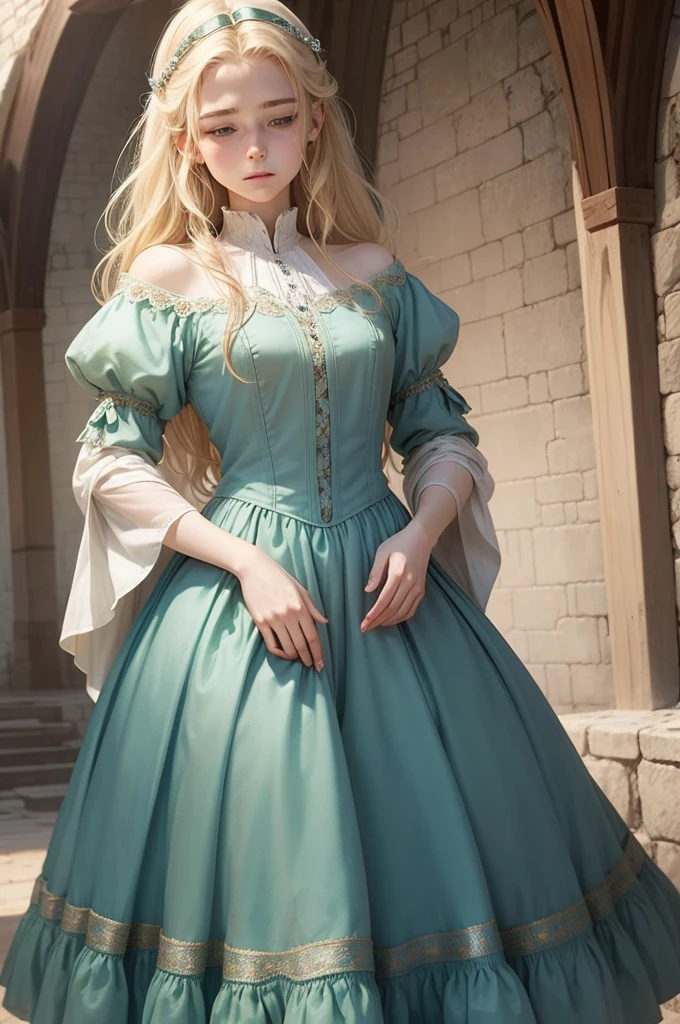 medieval fantasy, delicate and slight young diviner, short, ************, boyish charm, youthful appearance, ethereal grace, pale skin, large expressive green eyes, look of vulnerability and curiosity, sandy blonde hair, hair over eyes, shy, nervous, timid, simple yet elegant wizard clothes of muted colors, favoring soft blues and greens