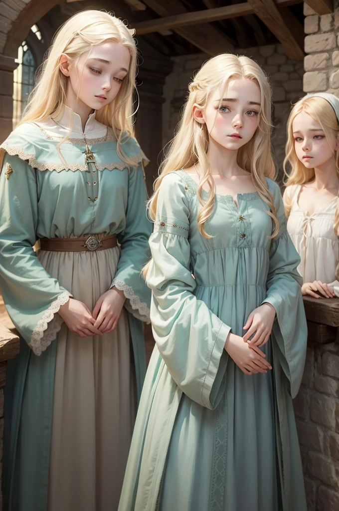 medieval fantasy, delicate and slight young diviner, short, ************, boyish charm, youthful appearance, ethereal grace, pale skin, large expressive green eyes, look of vulnerability and curiosity, sandy blonde hair, hair over eyes, shy, nervous, timid, simple yet elegant wizard clothes of muted colors, favoring soft blues and greens