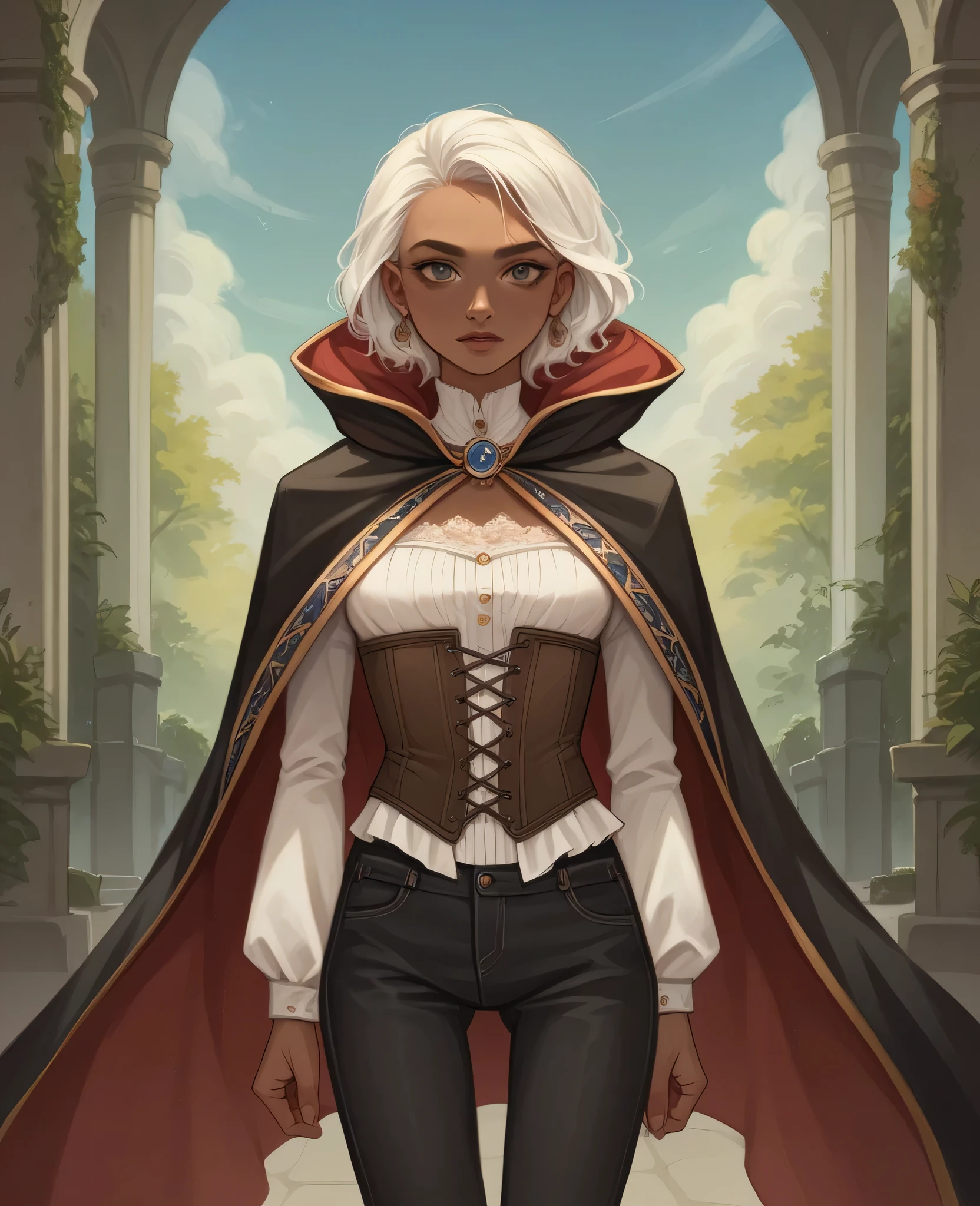 ((best quality)), ((masterpiece)), (detailed), 1girl, mixed race girl, African American + Caucasian girl with lighter skin, young woman, beautiful, skinny, white hair, modern western attire, cloak, wearing casual clothes underneath cloak, black pants, 2024 style corset top