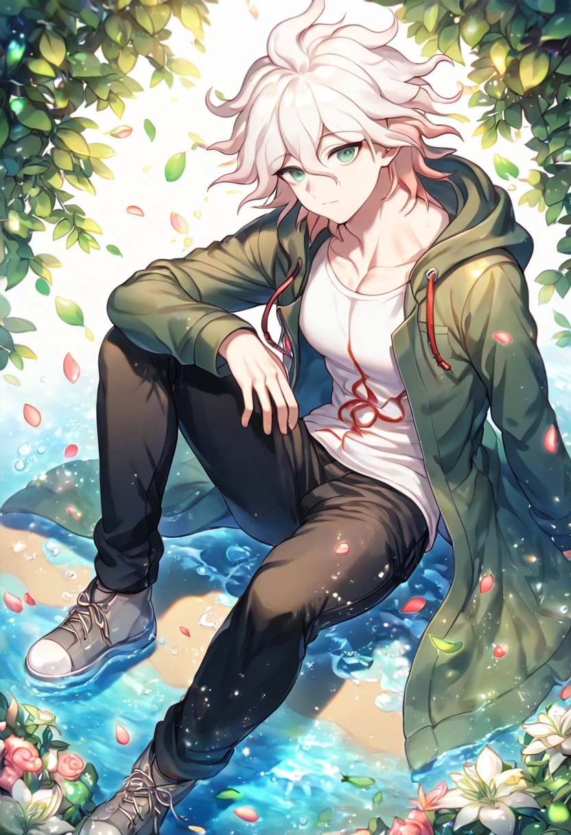 Ultra detailed, HDR, Highres, absurdres, master piece, Komaeda Nagito, white hair, expressive light gray-green eyes, green coat with hoodie, white shirt, black pants, gray shoes, Danganronpa, sexy man sitting, handsome, flowers, petals, fantasy, magical, green leaves, summer, handsome, sensual, best quality, glittering, solo, manly man, water