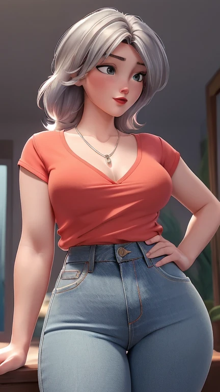 (best qualityer:1.4), body focus, (cute face), work of art, ultrarealistic, (((best qualityer))), ((comely Finger)), Gorgeous character design, ,lighting perfeita, colorfully, Ablaze_front_face_lighting, ultra high resolution, high resolution, absurderes:1.2, bokeh:1.2, Lens flare, (Vibrant_colour:1.2), (comely, medium breasts:1.2), (thick-thighs:1.1), thick,
Animated female character, standing, sideways front, de bruços, empinando a bunda, top view, Pale skin, ((wearing tight jeans shorts)), ((sexy lingerie)), silver necklace with pendant, wrinkles, Red lips, long hair, ((view from the side))
