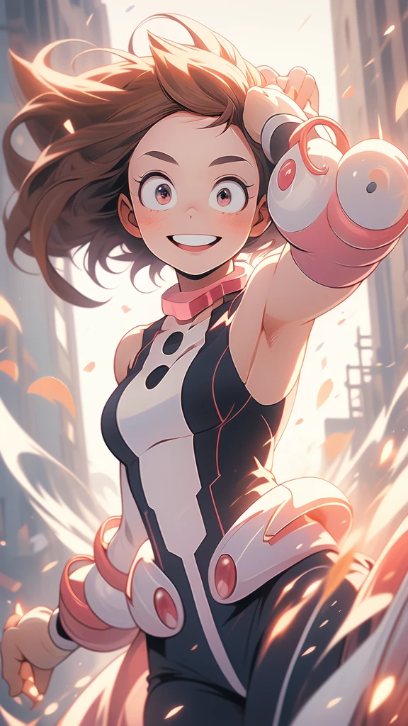 ((Masterpiece artwork, best qualityer)), uraraka ochako, beautfull woman, detailed outfit, high qualiy, showing armpits and pussy,detailed hands, beautiful  face, skin fair, female body, Proportionate Body, Body cute, colorful background, smiling.