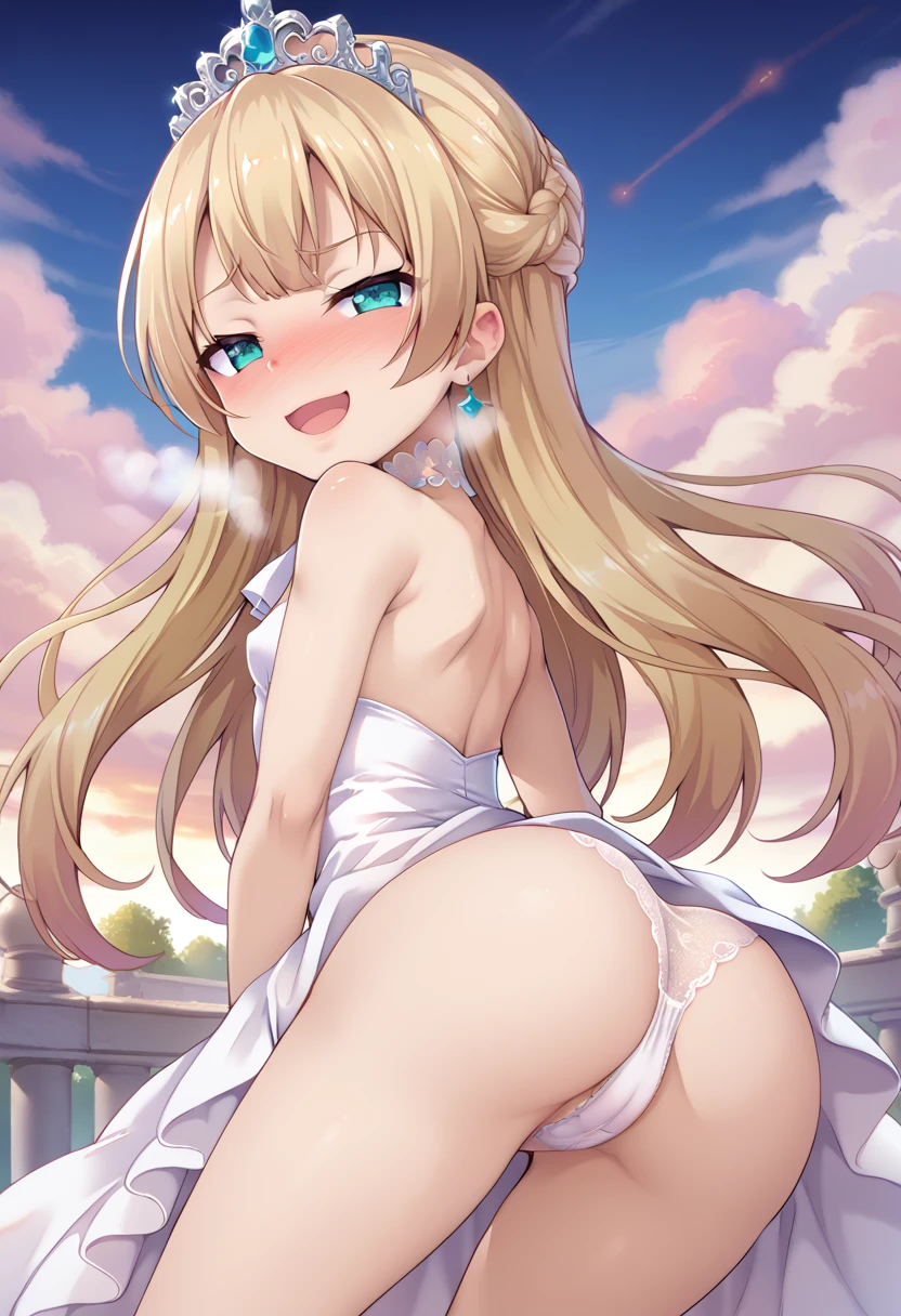 Score_9, score_8_up, 4k, 8k, detailed face, source_anime, smug princess girl with small breasts, young girl, skimpy outfit, ass, pert ass, thick thighs, presenting ass, blonde hair, long hair, princess panties, bif butt, open mouth, hot breath, panting, moaning, blush, blushing heavily, happy, enjoying, ((heavy blush)), elegant white dress, solo, childlike, young, 6ars old,