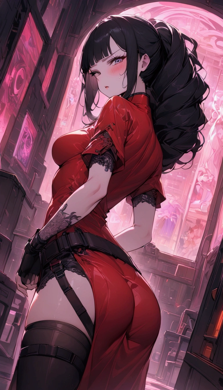 ,dutch angle,from side,{{masterpiece}}, {{{Highest quality}}},{{Very detailed}},{{Fight}},{{fighting stance:1.6}},{{critical situation:1.6}},{{hold down one's stomach with one's hands:1.6}},1girl,30years old,{Mature Woman}},cyberpunk,{{RED Chinese clothing:1.2}},Red short sleeves Chinese dress,pelvic curtain,black stockings,belt,black fingerless gloves,Lace arm covers,holster,{{Grit your teeth:1.4}},one eye closed, ,{{v-shaped eyebrows}},Bad mood,blush,Sweat,raise one's eyebrows ,{{View your viewers}}、straight long hair ,blunt bangs.abdominal pain ,{{pain}},Inside the dojo,indoor