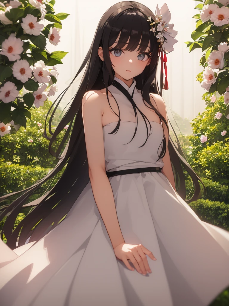 (Girl: 1.5), race, ribbon, Hanfu, (masterpiece, Side light, delicate and beautiful gray eyes: 1.2), masterpiece, Realistic, Glowing Eyes, Shiny Hair, Black Hair, Long Hair, Glowing Skin, alone, awkward, Strapless, delicate, beautiful, garden, Flowers, Fluttering petals,