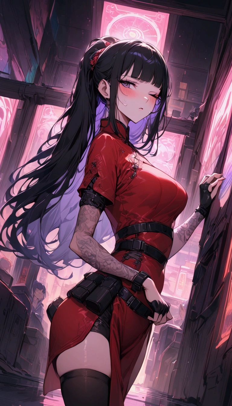 ,dutch angle,from side,{{masterpiece}}, {{{Highest quality}}},{{Very detailed}},{{Fight}},{{fighting stance:1.6}},{{critical situation:1.6}},{{hold down one's stomach with one's hands:1.6}},1girl,30years old,{Mature Woman}},cyberpunk,{{RED Chinese clothing:1.2}},Red short sleeves Chinese dress,pelvic curtain,black stockings,belt,black fingerless gloves,Lace arm covers,holster,{{Grit your teeth:1.4}},one eye closed, ,{{v-shaped eyebrows}},Bad mood,blush,Sweat,raise one's eyebrows ,{{View your viewers}}、straight long hair ,blunt bangs.abdominal pain ,{{pain}},Inside the dojo,indoor