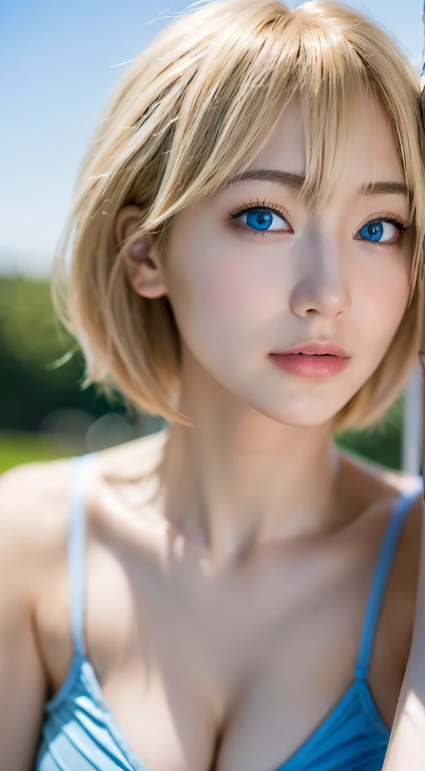 Beautiful and fair、Glowing Skin, 3 Up, Nice, bright, Refreshing and gentle look, Perfect beautiful face、Blonde Short Hair,Beautiful shiny bangs, Very beautiful girl, eyeliner, so perfect and beautiful、big, clear, Sky blue eyes,Very large breasts,The original skin is visible through the grooves,athlete