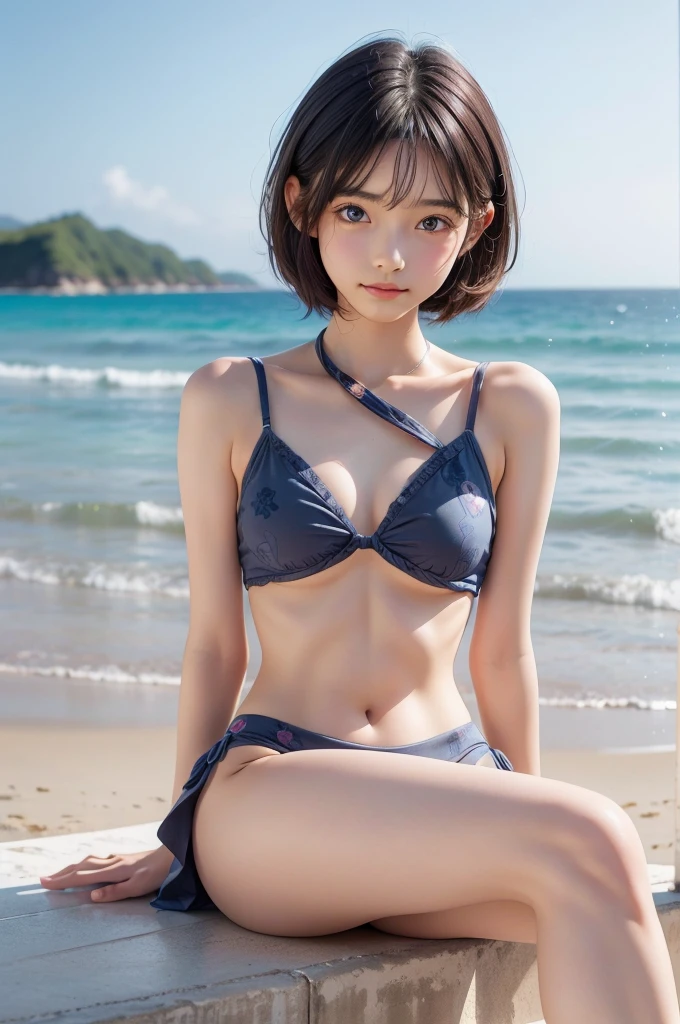 (Masterpiece, BestQuality:1.2), (hyperrealistic), (8k,Photorealistic), (realistic),girl standing beach,okinawa,BREAK (wearing flower pattern bikini,swimsuit),whole body,BREAK (yo,detailed face,(darkblue wavy-short hair,short hight),middle thick eyebrows,eyes with large brown irises,middle small breasts,small nose, fresh lips),beautiful lighting, volumetric lighting, dynamic angle, looking at viewer, (photographic portrait), sharp,smile,