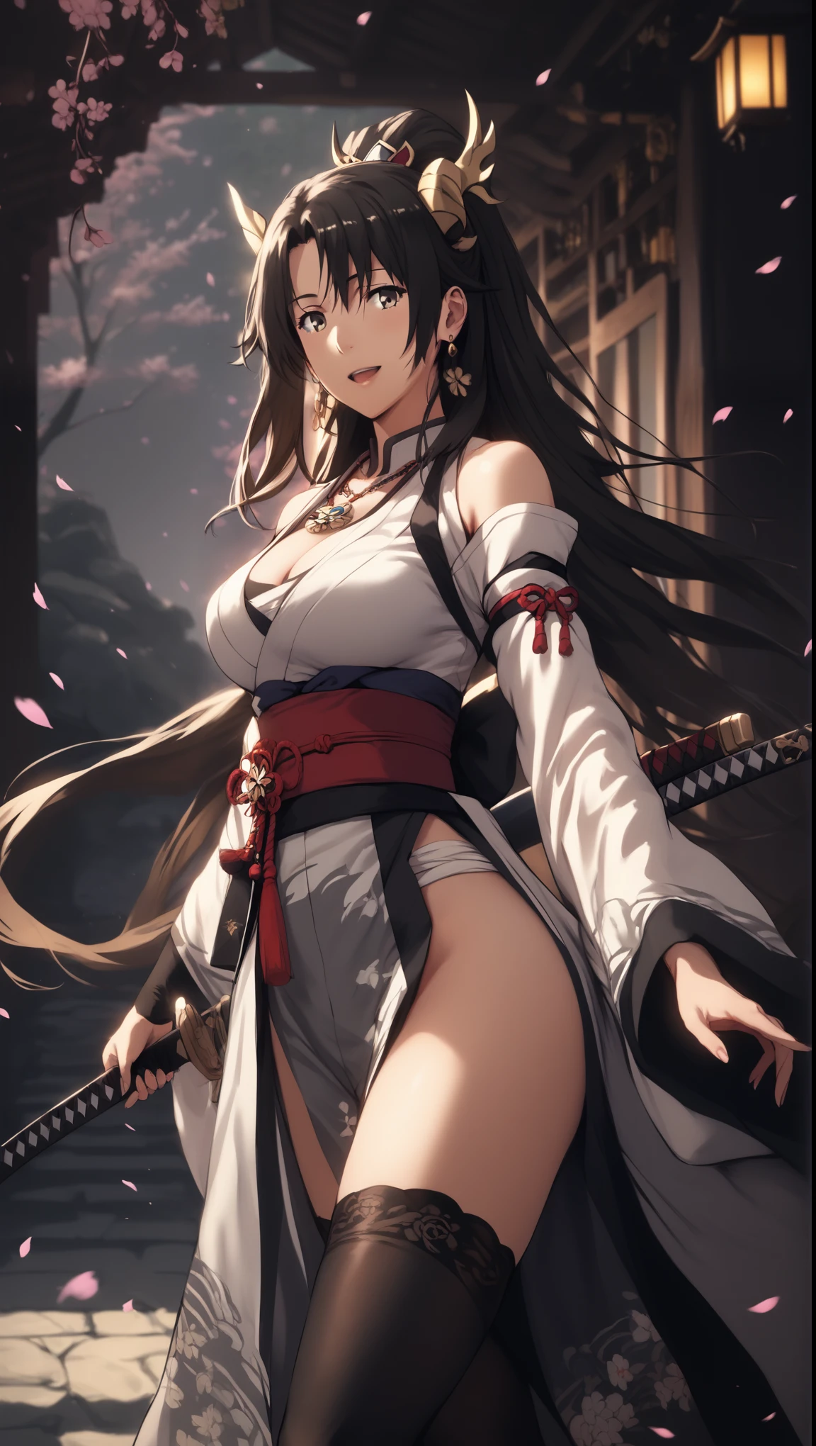 (hews art style:0.7), (hero neisan art style:0.7), score_9, score_8_up, score_7_up, score_6_up, score_5_up, score_4_up, uncensored, shizuka hiratsuka, long hair, black hair, black eyes, BREAK (masterpiece:1.2), best quality, high resolution, (detailed eyes:1.3), perfect lighting, (perfect hands, perfect anatomy), 1girl, breasts, japanese clothes, large breasts, solo, weapon, sword, kimono, magatama, katana, sash, jewelry, thighhighs, cleavage, smile, obi, thighs, earrings, rope belt, ponytail, magatama necklace, wide sleeves, looking at viewer, white kimono, open mouth, necklace, detached sleeves, grey kimono, cherry blossoms, black thighhighs, holding weapon, holding, holding sword, long sleeves, bare shoulders, dragon print, weapon over shoulder