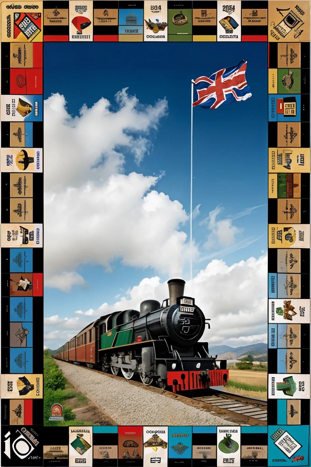 monopoly with images at every stop , old trains, air, rails,panama flag,year 1848, 1850,1855, california name,A town, united states flag. that says moloopoly california in the center