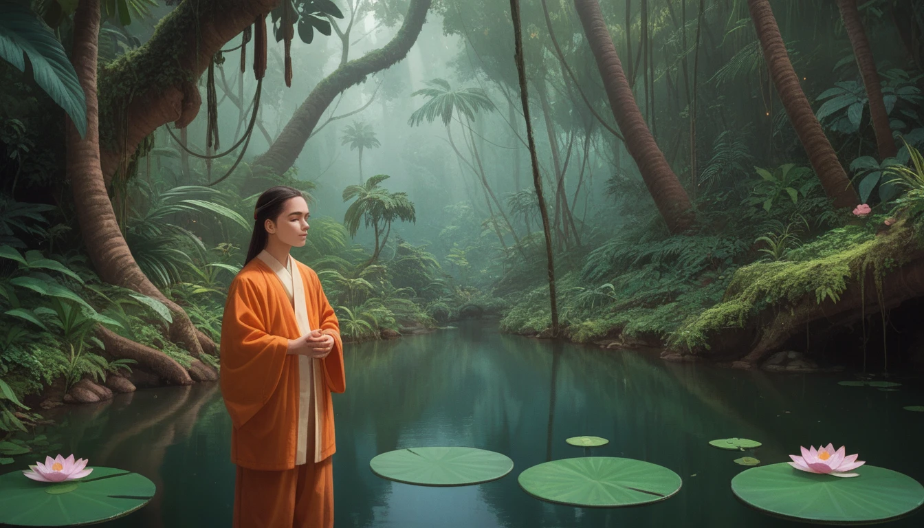 A wide show of a young monk in orange robe meditating and hovering above a pond with lotus flowers. Tropical rainfall, lush flowery jungle in the background. A sunbeam falls through the trees' crowns and lights up his face.