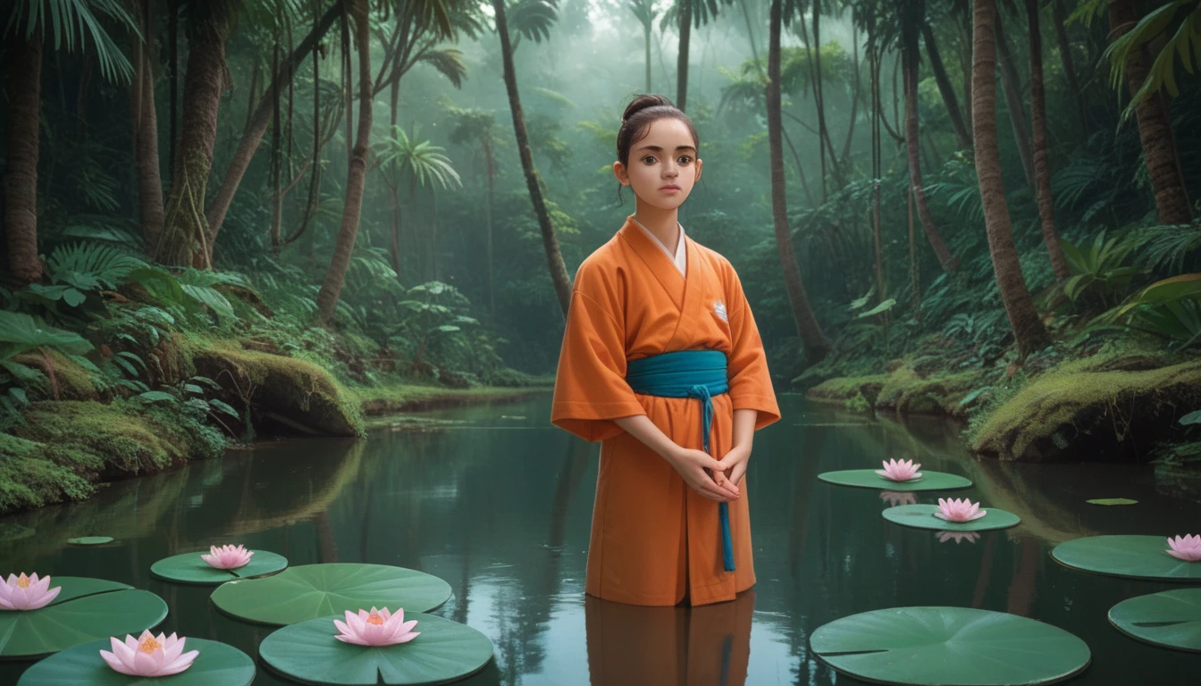 A wide show of a young monk in orange robe meditating and hovering above a pond with lotus flowers. Tropical rainfall, lush flowery jungle in the background. A sunbeam falls through the trees' crowns and lights up his face.