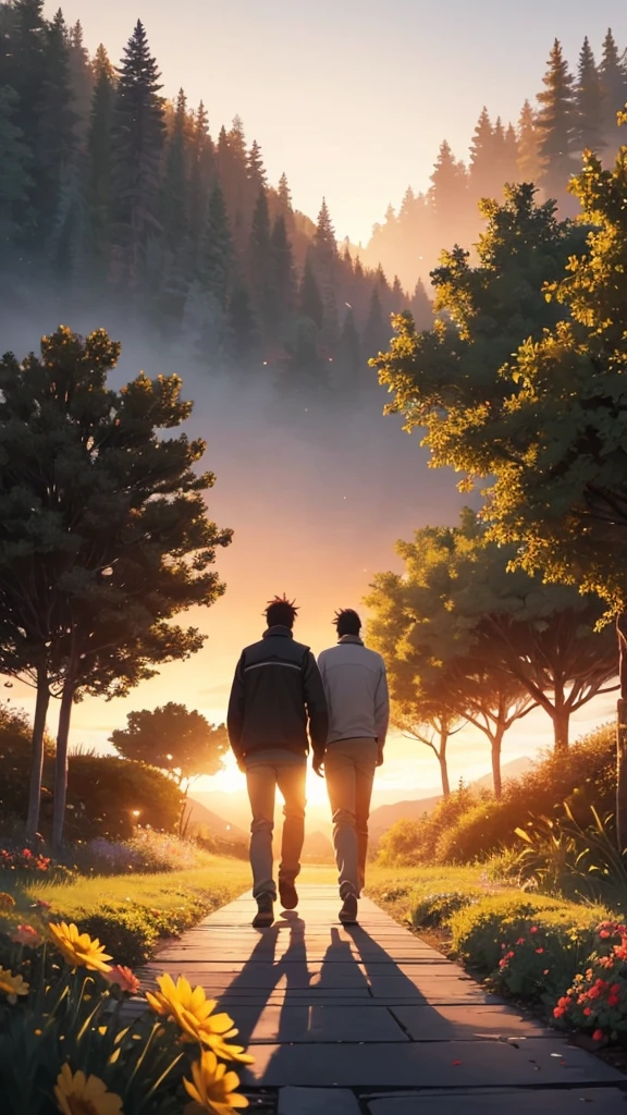 Create a pic of two male friends walking at sunset time, it should be covered with trees and flower bushes both the sides, the view should be from back side and it should peaceful place