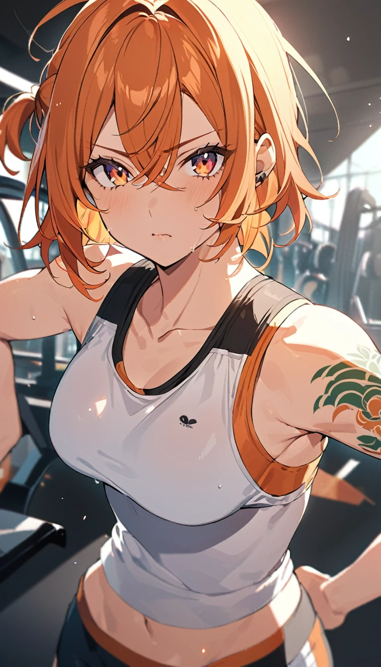 a fit woman with black and orange hair and red and green like orange eyes shining at the gym fanart anime with tattoos