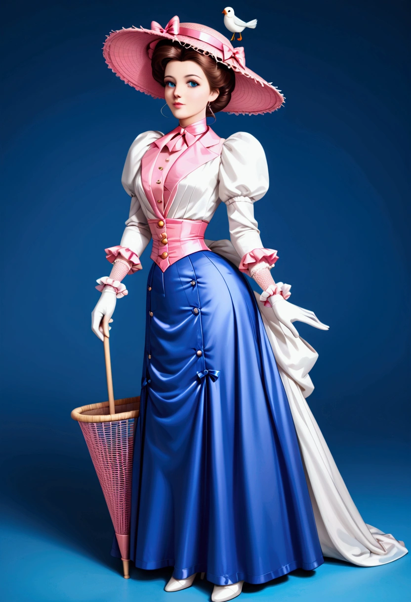 Year 1898. Humanized Minnie Mouse as a pretty, flirty 12yo girl. 1890s fashion. Victorian high-collar navy blue dress with (((long puff sleeves cuffed into wrist-high white silk gloves. )))Powder blue sash cinched around her waist. Navy blue ankle skirt. (((Pink straw boater hat with a stuffed white bird held on top and a veil in the front))). Long brunette hair (((tied into a bun enclosed in a net))). Wasp waist. (((Bubble butt sticking out))). Petticoats. Thigh-high silk stockings. High-waisted open bloomers. (((White high-heel button boots:1.2))). 1890s fashion. Victorian park setting