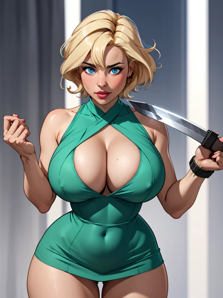 Blonde girl with short hair, blue eyes, with a huge blade, wearing a very short and tight green mini dress showing her body and showing her thighs, cleavage showing her breasts