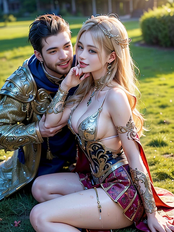 (((masterpiece, best quality))), (((high quality))), (((high resolution illustration))), (((hyper detail))),(NSFW), (((Wordsworth's Sharon))),(((Very beautiful long blonde hair))), (((Very beautiful face))), ((((Detailed face)))),(((very beautiful blue eyes))),(((Realistic Skin))),(((her face is flushed))),(((slim body))),(((slim thighs))),(((small breasts))),(((very beautiful slender legs))),(((armor with extremely detailed and intricate decoration that shows her cleavage))),(((A skirt with extremely detailed and intricate decoration))),(((Boots with extremely detailed and intricate decoration))),(((A cloak with very detailed and intricate decoration))),(((beautiful earrings))),(((beautiful hair ornaments))),(((at the very beautiful grassland))),(((wet her skin))),(((1girl))),(((1boy))),(((saliva))),(((smiling gently))),(((she giving him a titjob))),(((from side)))