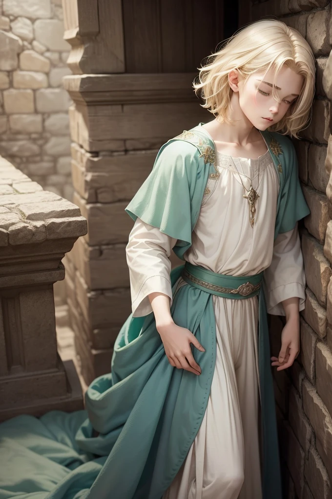 medieval fantasy, delicate and slight young male diviner, short, ************, boyish charm, youthful appearance, ethereal grace, pale skin, large expressive green eyes, look of vulnerability and curiosity, sandy blonde hair, hair over eyes, shy, nervous, timid, simple yet elegant wizard clothes of muted colors, favoring soft blues and greens