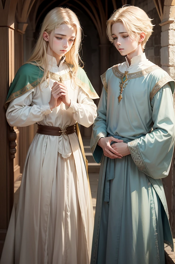 medieval fantasy, delicate and slight young male diviner, short, ************, boyish charm, youthful appearance, ethereal grace, pale skin, large expressive green eyes, look of vulnerability and curiosity, sandy blonde hair, hair over eyes, shy, nervous, timid, simple yet elegant wizard clothes of muted colors, favoring soft blues and greens