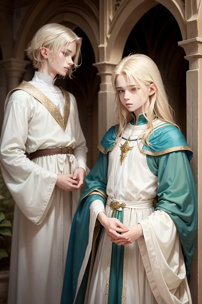 medieval fantasy, delicate and slight young male diviner, short, ************, boyish charm, youthful appearance, ethereal grace, pale skin, large expressive green eyes, look of vulnerability and curiosity, sandy blonde hair, hair over eyes, shy, nervous, timid, simple yet elegant wizard clothes of muted colors, favoring soft blues and greens