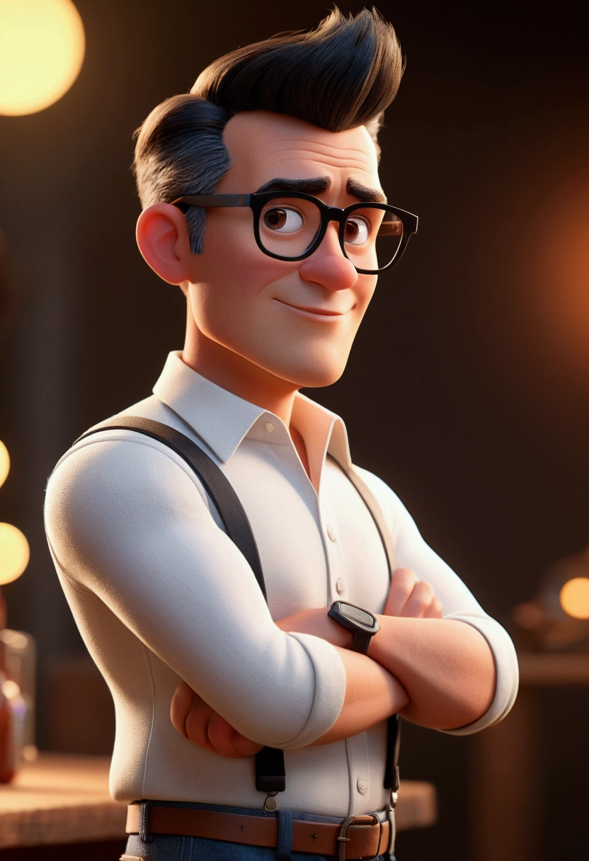 Cartoon character of a man wearing black glasses and a white shirt, stylish, an animated character, stylized character, animation style rendering, 3d stylized, Arnold Maya rendering, Stylized 3D rendering, toon render screenshot, 3d character, 3d character, Stylized 3D rendering, 3D character rendering, cartoon character, Personagem de close up, character posing, (Pixar-style) (master part:1.2) (bokeh) (best qualityer) (skin detailed) (detailed texture) (8k) (Argilla) (cinematic lighting) (sharp focus