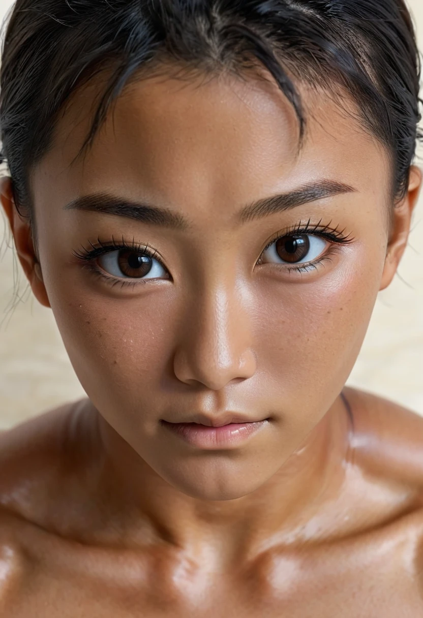 high quality, detailed, Realistic,(one 17 years old tanned japanese body builder girl:1.5), (tanned face), (detailed black eyes), (black short hair), (muscle:1.5), (tanned dark brown skin), night bed, (detailed nipples), (detailed areola), best quality, 4k, 8k, highres, (masterpiece:1.2),ultra-detailed, (realistic, photorealistic, photo-realistic:1.37), looking at viewer, (face close up:0.7),--no watch,